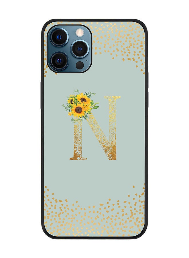 Rugged Black edge case for Apple iPhone 12 Pro Slim fit Soft Case Flexible Rubber Edges Anti Drop TPU Gel Thin Cover - Custom Monogram Initial Letter Floral Pattern Alphabet - N (Light Grey )