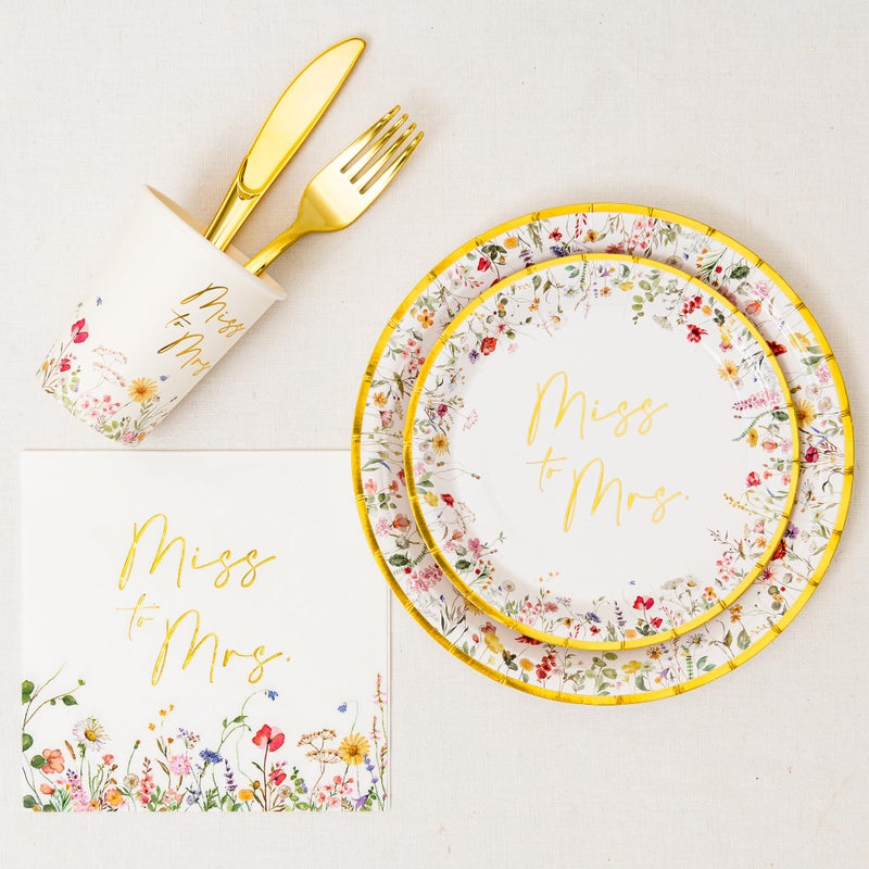 Crisky Bridal Shower Plates and Napkins Gold Miss to Mrs Floral Disposable Paper Tableware Set of 24 for Wedding Bridal Shower Decorations (9" & 7" Plates, Napkin, Cups, Tablecloth, Knife & Fork) - Image 3