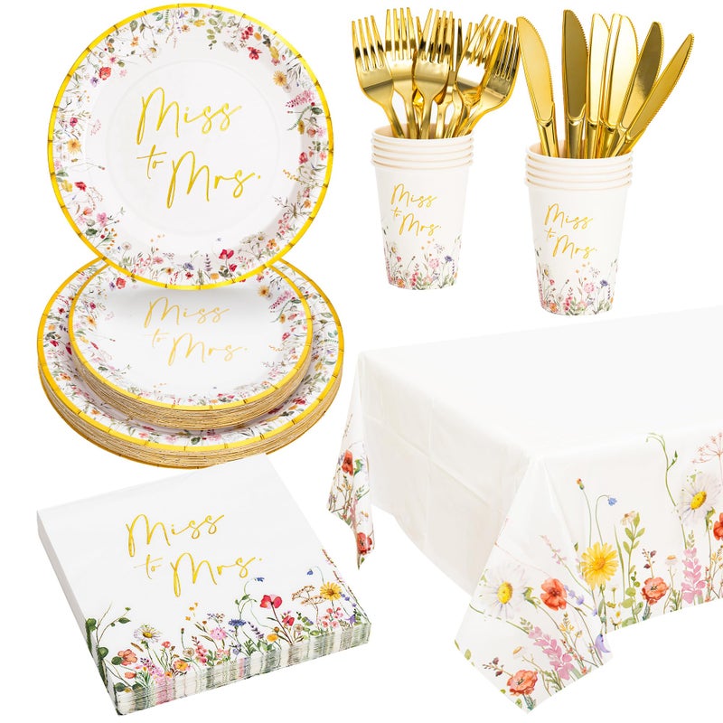 Crisky Bridal Shower Plates and Napkins Gold Miss to Mrs Floral Disposable Paper Tableware Set of 24 for Wedding Bridal Shower Decorations (9" & 7" Plates, Napkin, Cups, Tablecloth, Knife & Fork) - Image 1