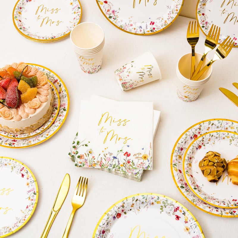 Crisky Bridal Shower Plates and Napkins Gold Miss to Mrs Floral Disposable Paper Tableware Set of 24 for Wedding Bridal Shower Decorations (9" & 7" Plates, Napkin, Cups, Tablecloth, Knife & Fork) - Image 2