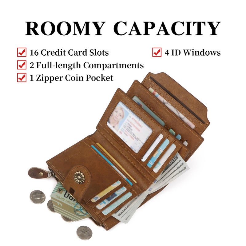 Blucoay Wallet Women,RFID Blocking Leather Womens Wallet Bifold Compact Card Holder Small Wallet for Women with Removable ID Window zsbrown - Image 3