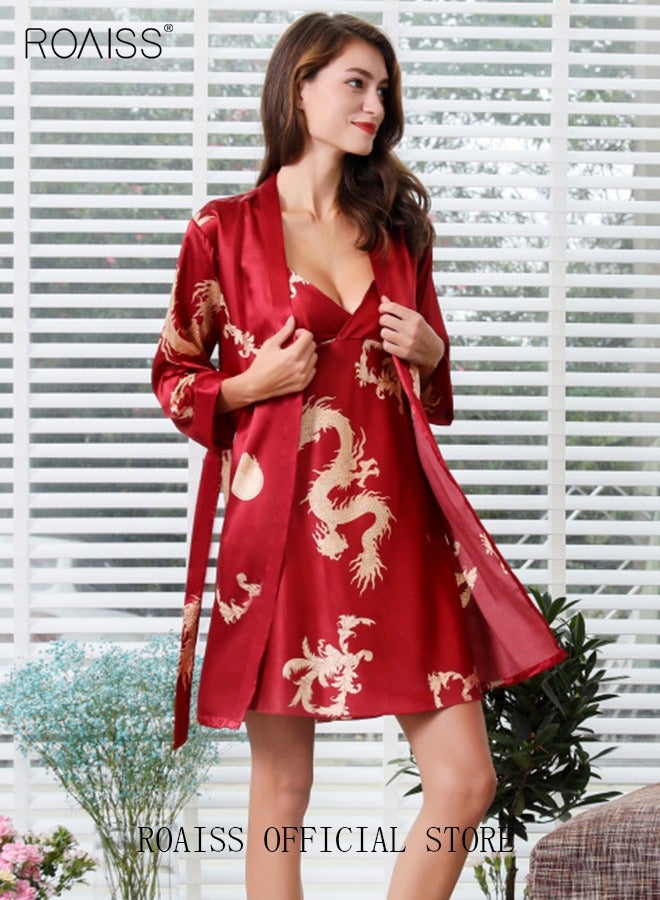 Plus Size Slip Dress and Robe for Ladies Silk Dragon Pattern Pajamas Bathrobe gift for Girlfriend Wife Summer Loungewear Nightwear for Women