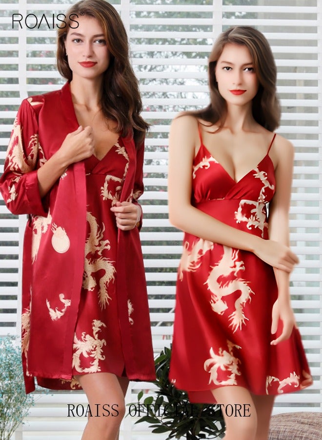roaiss Plus Size Slip Dress and Robe for Ladies Silk Dragon Pattern Pajamas Bathrobe gift for Girlfriend Wife Summer Loungewear Nightwear for Women  - Image 2