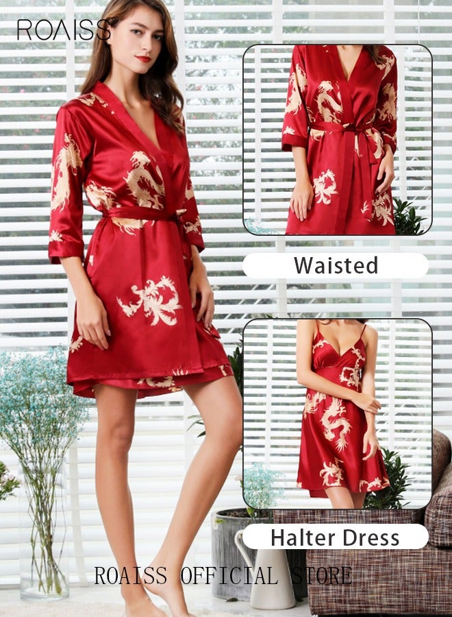 roaiss Plus Size Slip Dress and Robe for Ladies Silk Dragon Pattern Pajamas Bathrobe gift for Girlfriend Wife Summer Loungewear Nightwear for Women  - Image 5