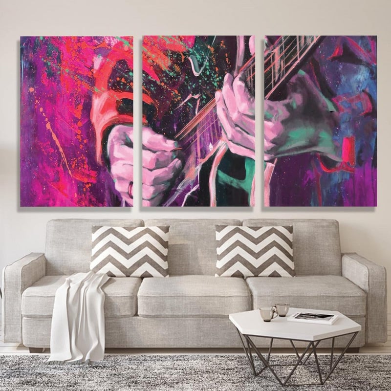 Marktna Three modern canvas paintings with a guitar design and a hollow frame, measuring (120×60), three pieces - Image 1