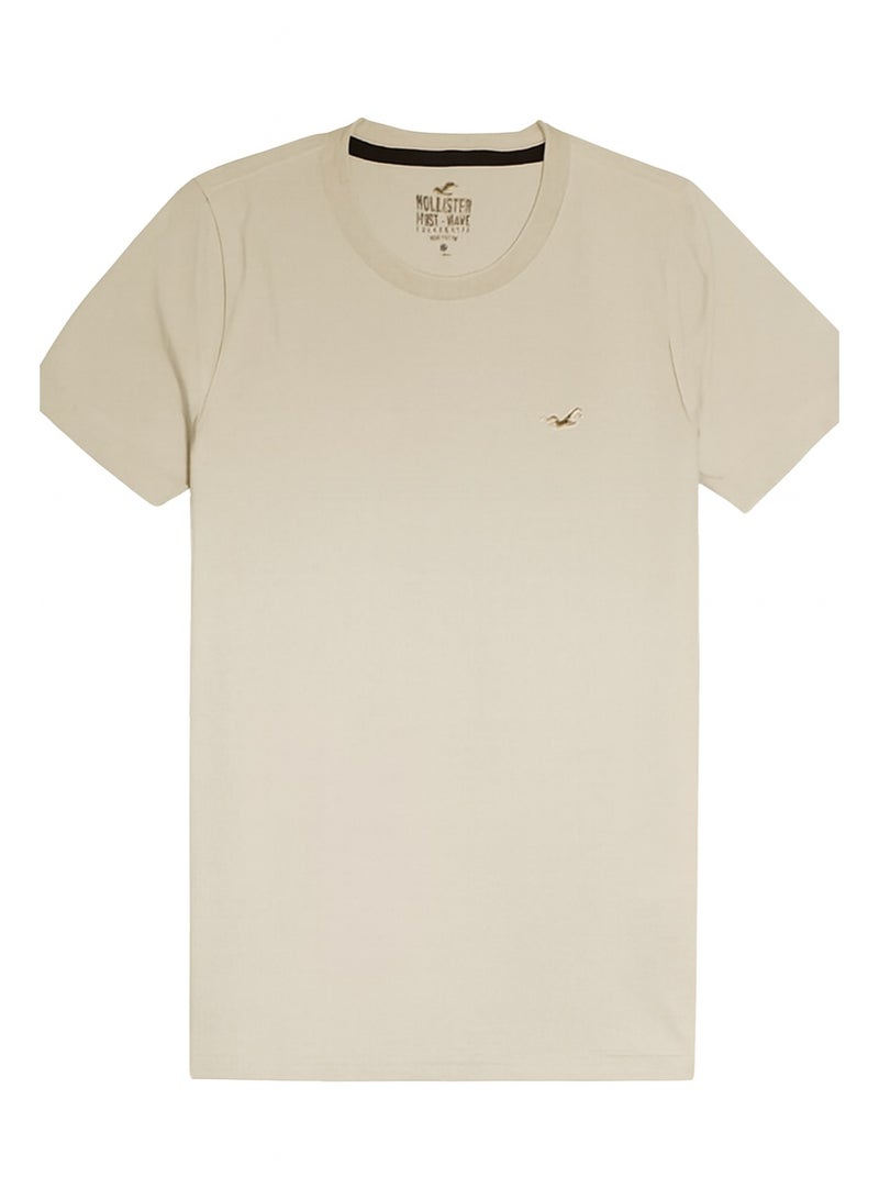 هوليستر تيشيرت هولستر للرجال باللون البيج، بياقة دائرية وأكمام قصيرة، مقاس L، ملابس كاجوال مريحة