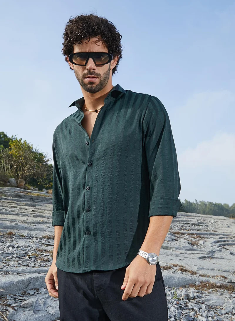 Campus Sutra Men's Emerald Green Candy-Striped Shirt