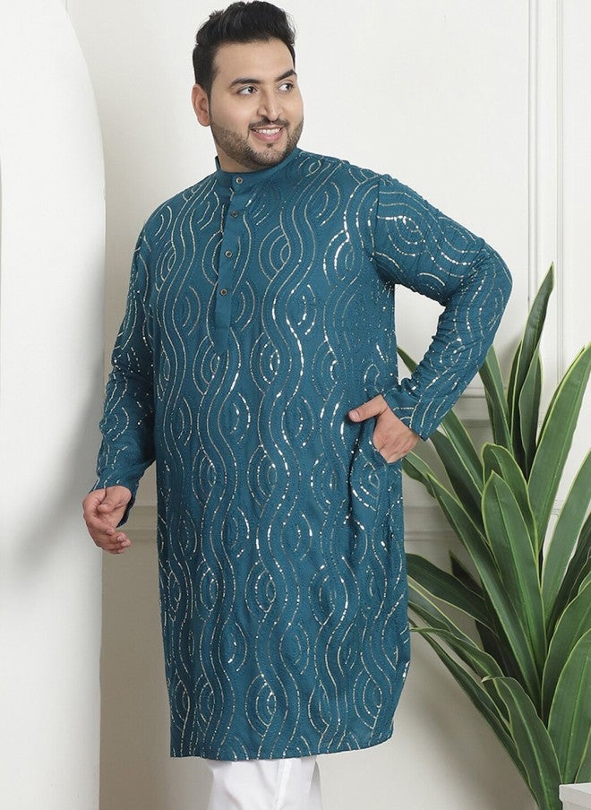 Sojanya Teal Embroidered Kurta for Men - Image 4