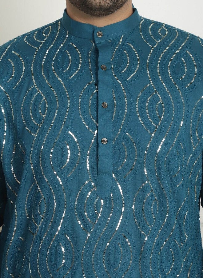 Sojanya Teal Embroidered Kurta for Men - Image 2