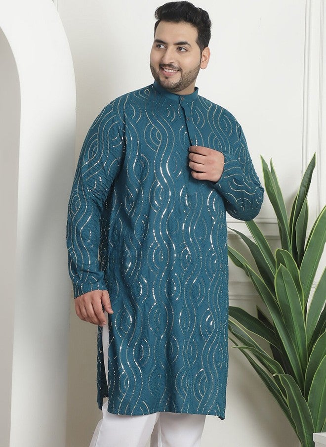 Sojanya Teal Embroidered Kurta for Men - Image 3