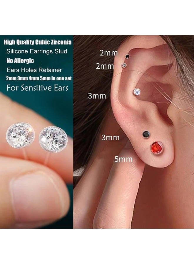 Meniala Anti Allergy Hypoallergenic Plastic Stud Earrings Set, 8 Pairs with Silicone Backs, 2-5mm Cubic Zirconia for Sensitive Ears (Pink) - Image 4