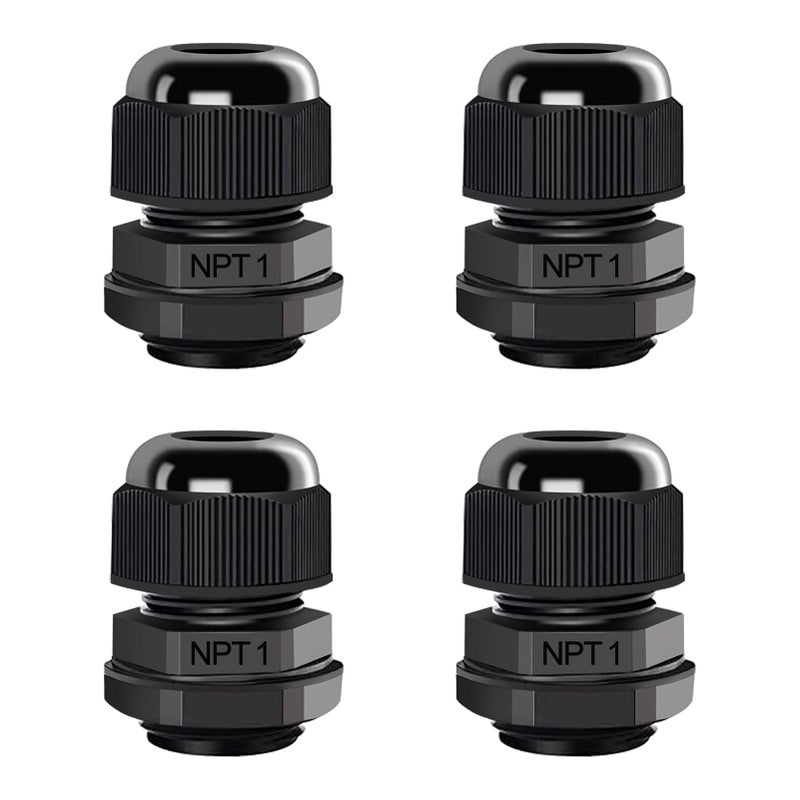 AIRIC 4 Pcs 1" NPT Cable Glands Nylon PA66, IP68 Waterproof Adjustable Power Strain Relief Cord Grips, Junction Box Wire Gland Grip Connectors with Gaskets and Locknut, Black - Image 1