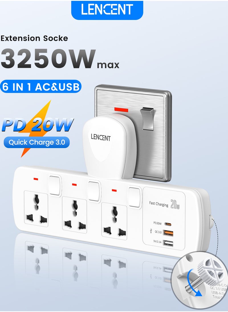 Lencent - Electrical Connection, Multi Plug Extension Socket, Triple Plug Outlet Extender, Power Strip, Universal Plug Adapter, PD&QC 3.0 20W USB Charging Station for Home, Office, Kitchen, Separate Switch - Image 1