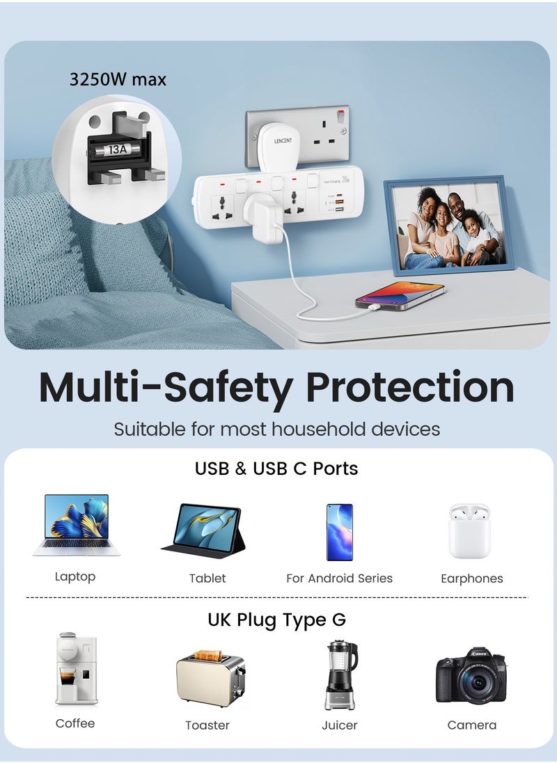 Lencent - Electrical Connection, Multi Plug Extension Socket, Triple Plug Outlet Extender, Power Strip, Universal Plug Adapter, PD&QC 3.0 20W USB Charging Station for Home, Office, Kitchen, Separate Switch - Image 1