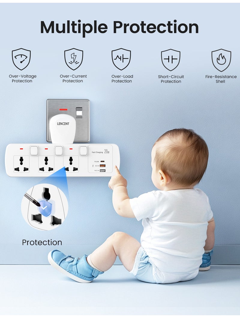 Lencent - Electrical Connection, Multi Plug Extension Socket, Triple Plug Outlet Extender, Power Strip, Universal Plug Adapter, PD&QC 3.0 20W USB Charging Station for Home, Office, Kitchen, Separate Switch - Image 1