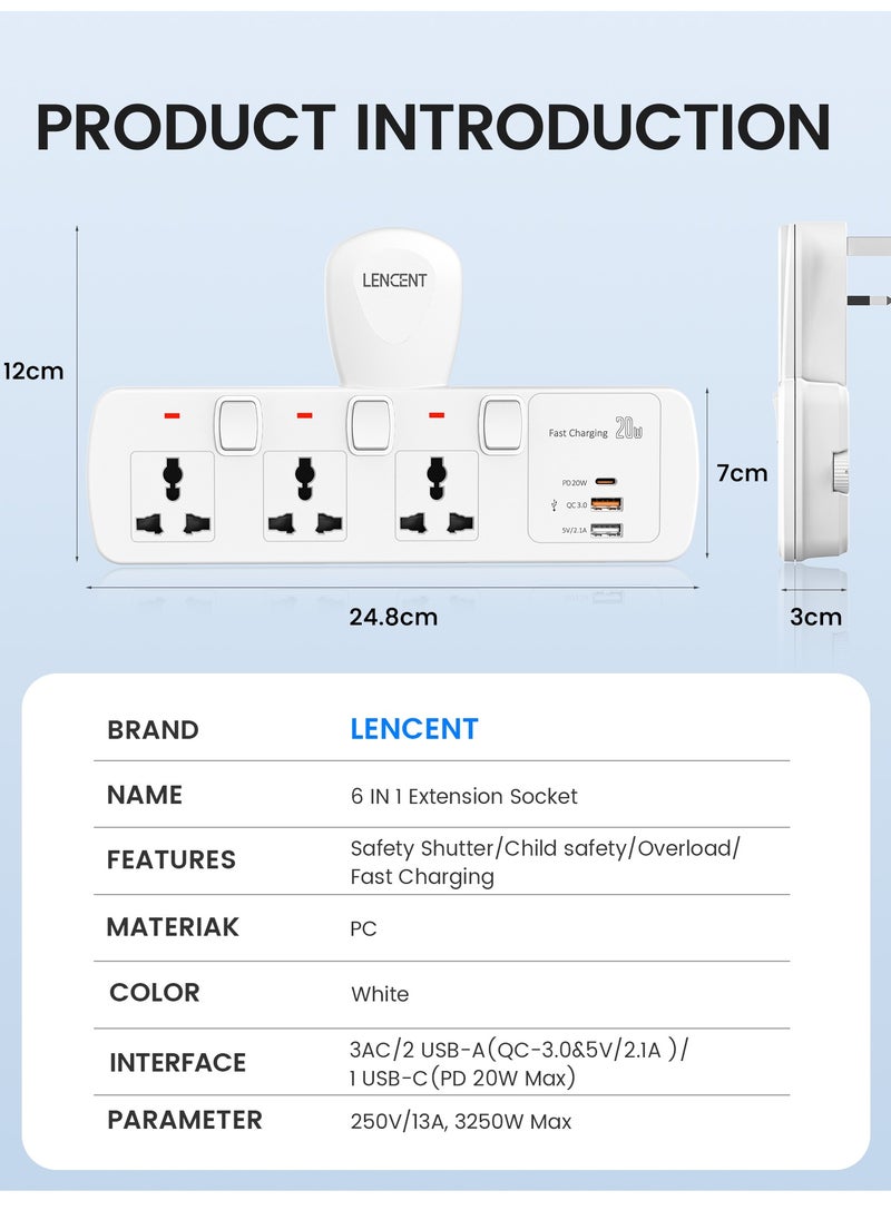 Lencent - Electrical Connection, Multi Plug Extension Socket, Triple Plug Outlet Extender, Power Strip, Universal Plug Adapter, PD&QC 3.0 20W USB Charging Station for Home, Office, Kitchen, Separate Switch - Image 1