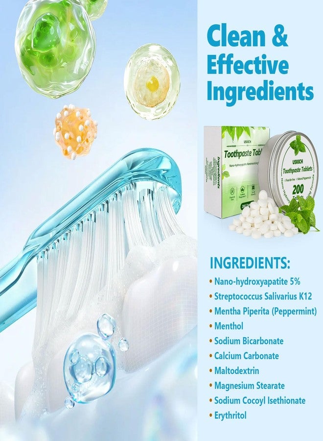 USKICH 200 Pcs Toothpaste Tablets - Nano Hydroxyapatite Natural Whitening, Reduce Sensitivity,Fluoride & Plastic Free, Eco Friendly & Travel Mouthwash Tablets - Image 2
