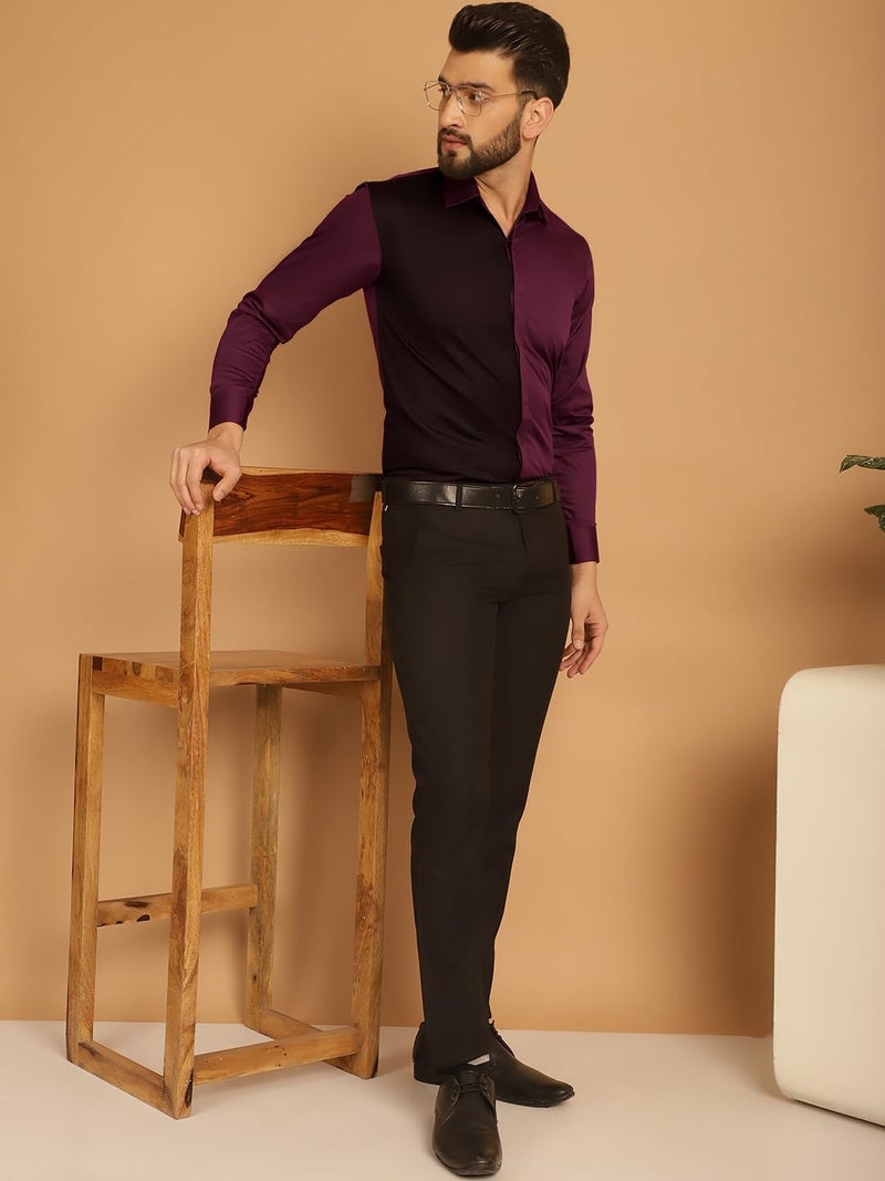 Indian Needle Men's Premium Cotton Satin Formal Shirt in Black and Burgundy - Image 4