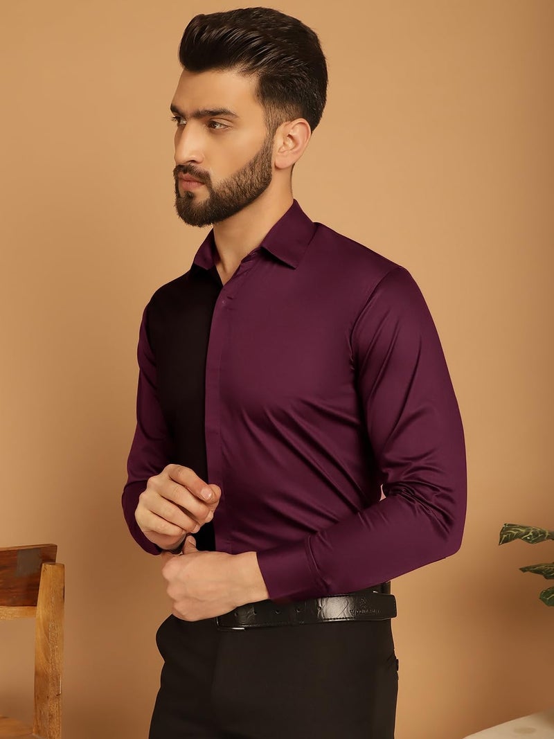 Indian Needle Men's Premium Cotton Satin Formal Shirt in Black and Burgundy - Image 3