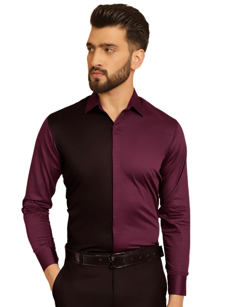 Indian Needle Men's Premium Cotton Satin Formal Shirt in Black and Burgundy - Image 1