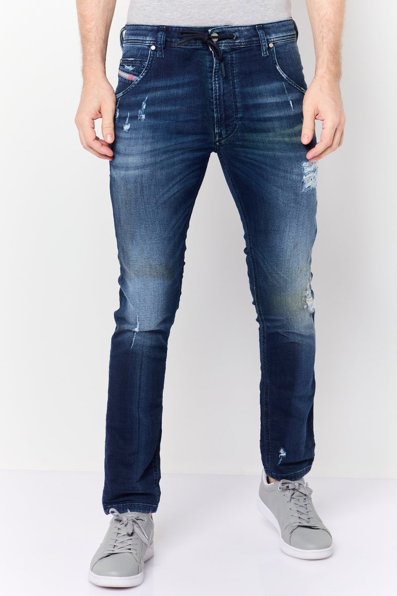 DIESEL Men Regular Fit Ripped Stretchable Jeans, Blue - Image 1