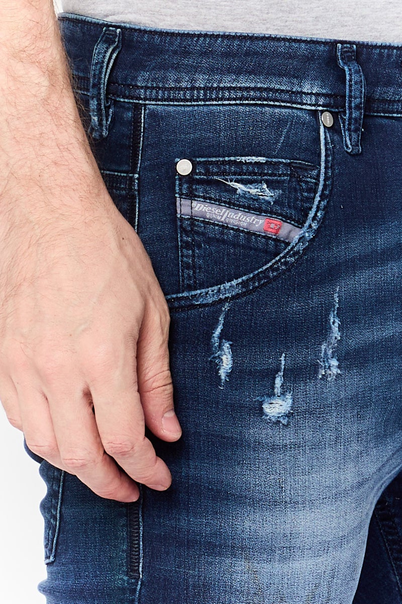 DIESEL Men Regular Fit Ripped Stretchable Jeans, Blue - Image 3