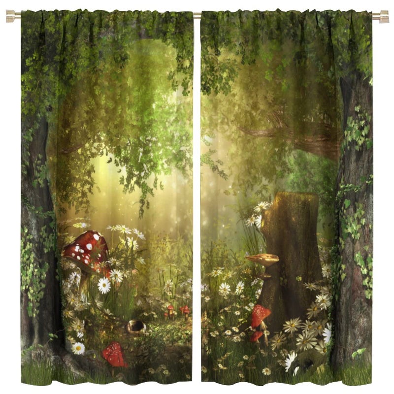 JanJCurt Dream Forest Curtains Beautiful and Charming Fairy Tale Lush Forest Land Mushroom Stumps Flowers Suitable for Kitchen Blackout Window Drapes Decoration 2 Panels Green 42x45 Inch - Image 1