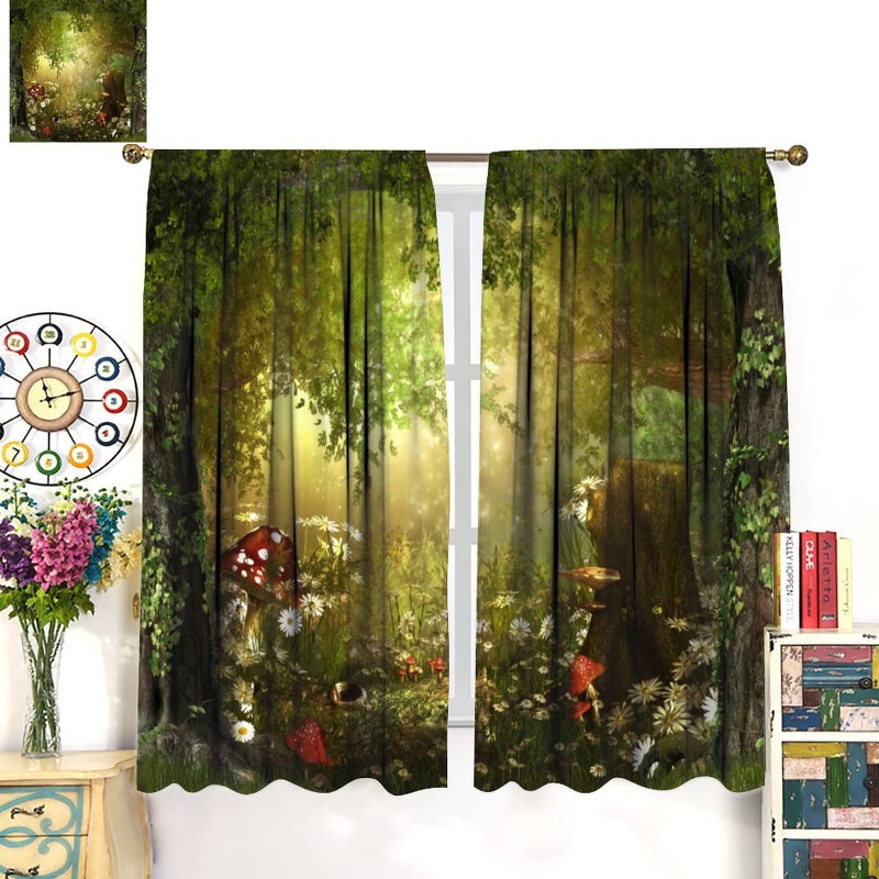 JanJCurt Dream Forest Curtains Beautiful and Charming Fairy Tale Lush Forest Land Mushroom Stumps Flowers Suitable for Kitchen Blackout Window Drapes Decoration 2 Panels Green 42x45 Inch - Image 3