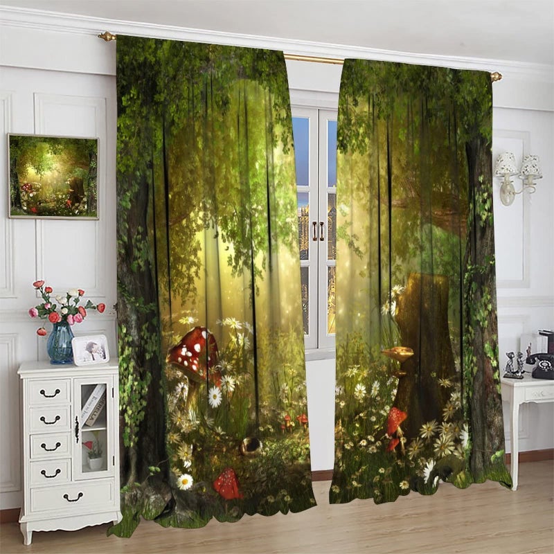 JanJCurt Dream Forest Curtains Beautiful and Charming Fairy Tale Lush Forest Land Mushroom Stumps Flowers Suitable for Kitchen Blackout Window Drapes Decoration 2 Panels Green 42x45 Inch - Image 4