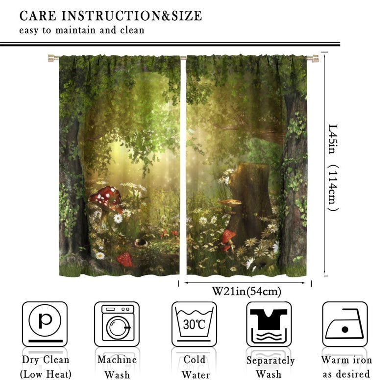 JanJCurt Dream Forest Curtains Beautiful and Charming Fairy Tale Lush Forest Land Mushroom Stumps Flowers Suitable for Kitchen Blackout Window Drapes Decoration 2 Panels Green 42x45 Inch - Image 2
