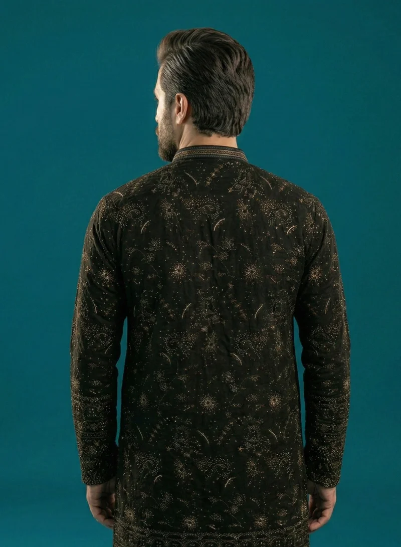 Lehar Black Tonal Sequin Fusion Set: Heavily Detailed Kurta & Bootcut Pants