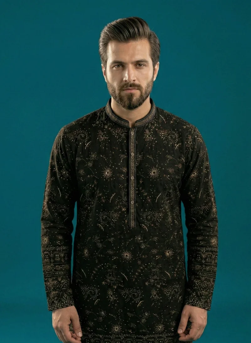 Lehar  Black Tonal Sequin Fusion Set: Heavily Detailed Kurta & Bootcut Pants for Men | Best Price UAE