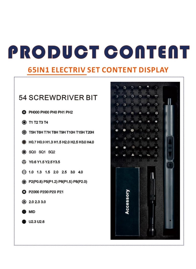 65 in 1 electric screwdriver set, rechargeable electric screwdriver with LED light, multifunctional, high torque, ergonomic handle, perfect for manual work, home maintenance, and professional use