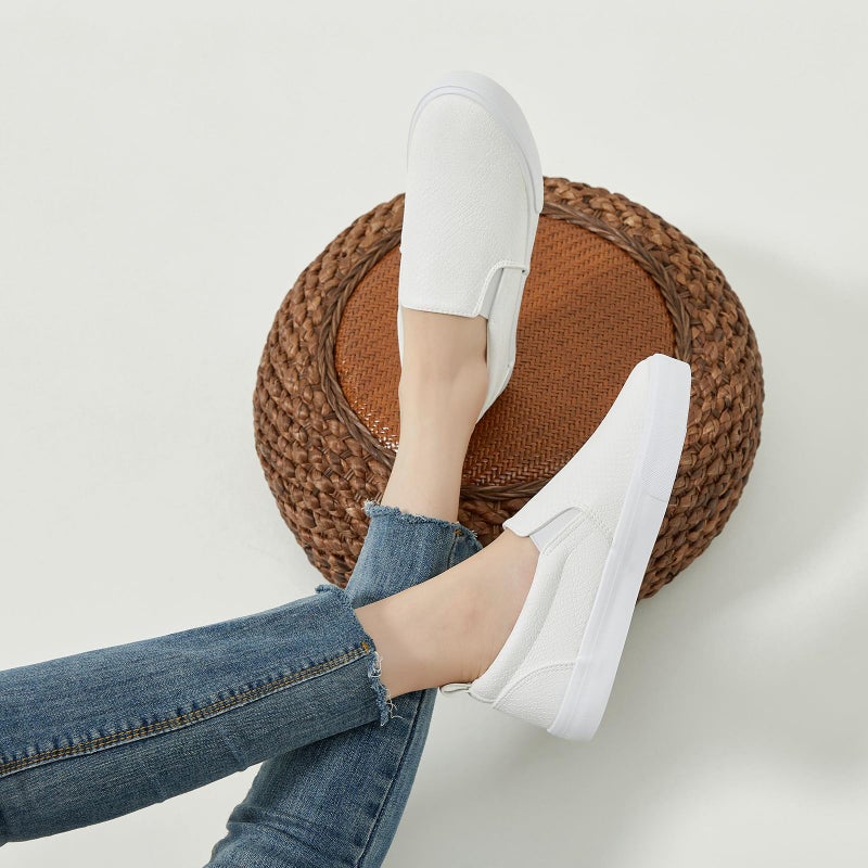 TUOPIN Womens Synthetic Leather Slip On Shoes,Padded Collar Slip on Sneakers for Women,Casual Loafers Walking Shoes(White.US09) - Image 2