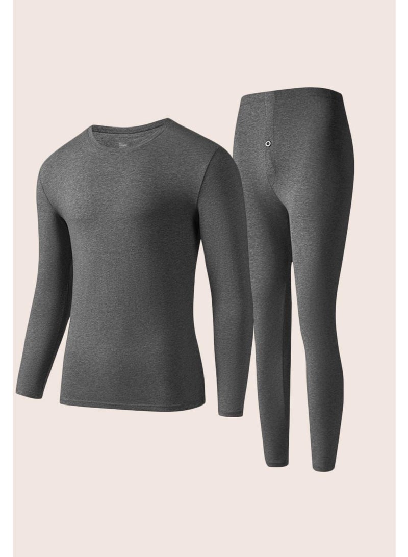 NIBEMINENT Sleepwear For Men Solid Color Winter Pajama Long Sleeve Top And Trousers Set Solid Thermal Undershirt - Image 1