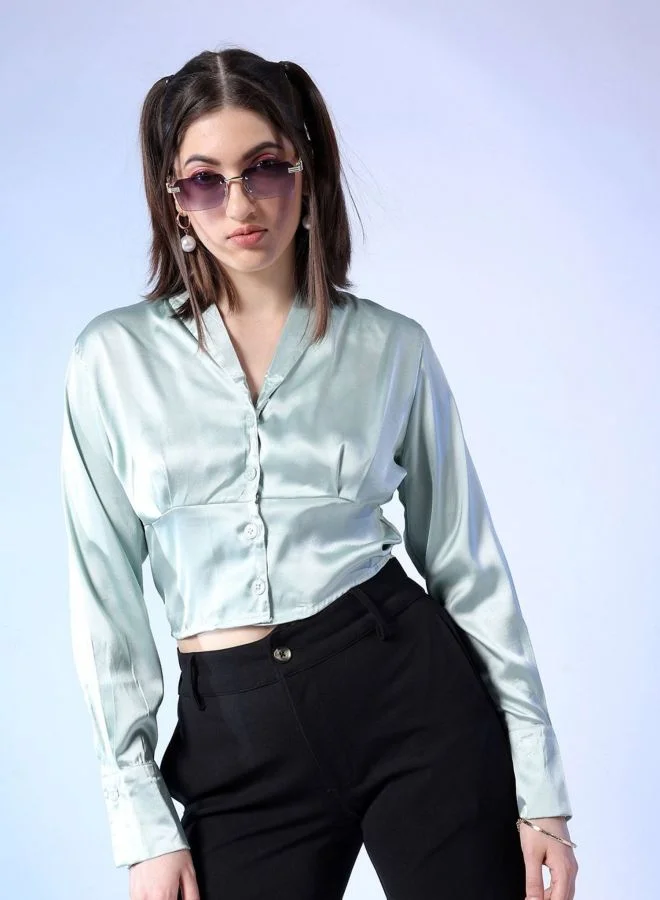 Women Regular Fit Solid Shirt Collar Long Sleeve Top