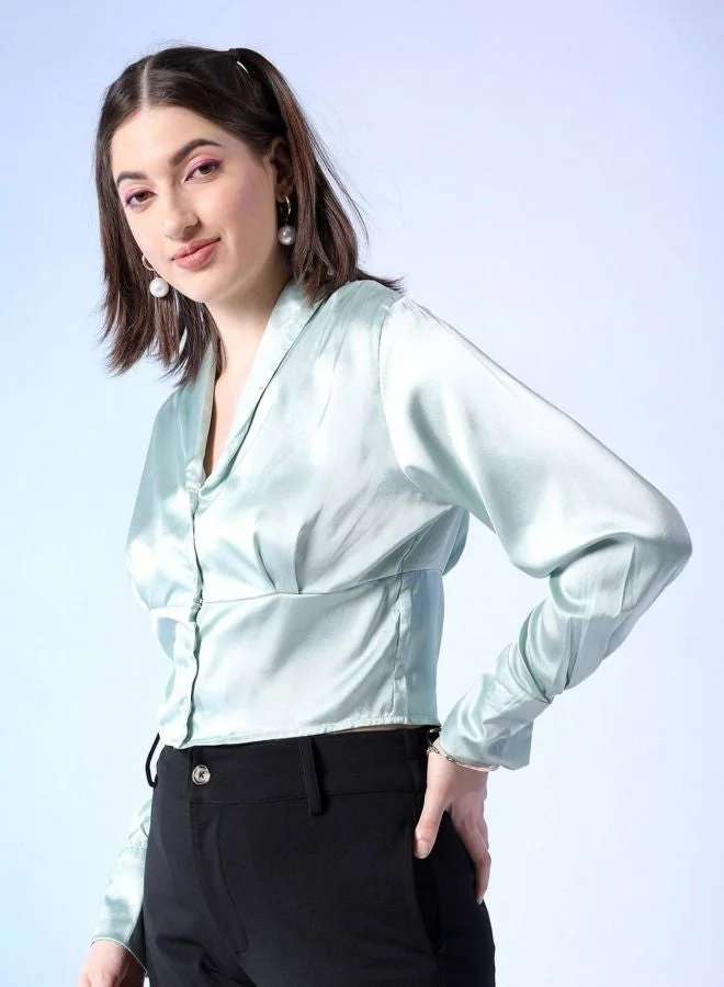 Women Regular Fit Solid Shirt Collar Long Sleeve Top