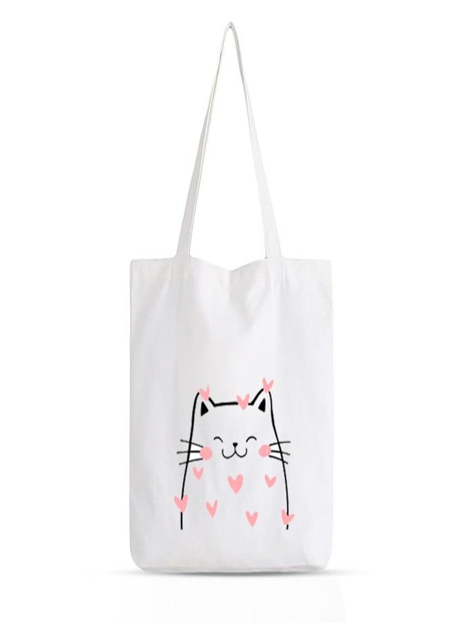 Clapcart Zipper Tote Bag for Women | Printed Multipurpose Poly-Cotton Bags | Cute Hand Bag With Zip for Girls (Cat with Heart Art Print) - Image 1