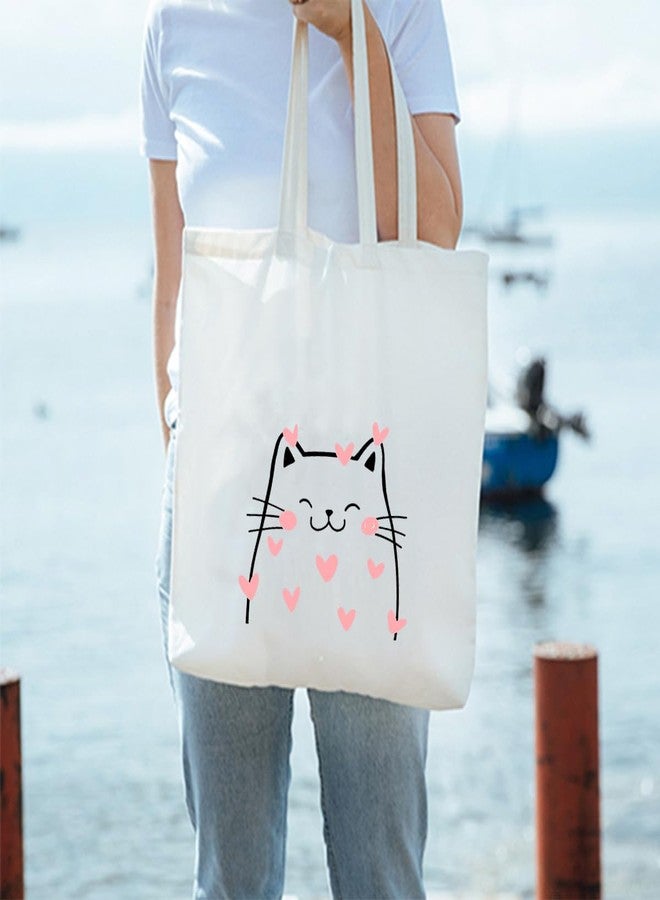 Clapcart Zipper Tote Bag for Women | Printed Multipurpose Poly-Cotton Bags | Cute Hand Bag With Zip for Girls (Cat with Heart Art Print) - Image 2