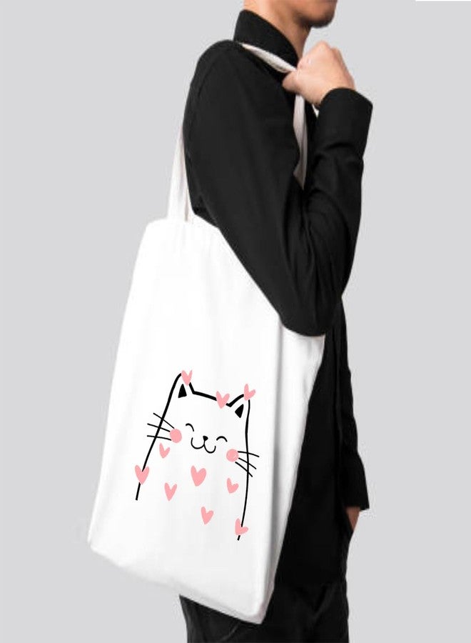Clapcart Zipper Tote Bag for Women | Printed Multipurpose Poly-Cotton Bags | Cute Hand Bag With Zip for Girls (Cat with Heart Art Print) - Image 3