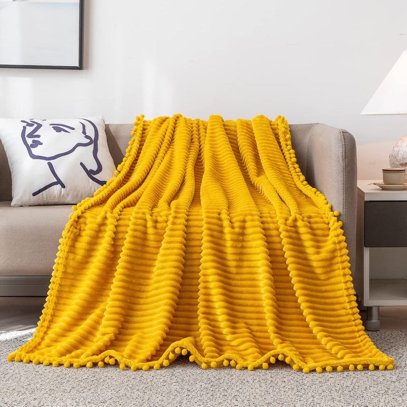 DISSA Fleece Blanket Throw Size – 51x63, Yellow Soft, Plush, Fluffy, Fuzzy, Warm, Cozy Perfect for Couch, Bed, Sofa - with Pompom Fringe Flannel - Image 2