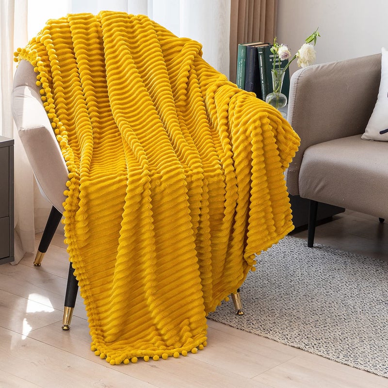 DISSA Fleece Blanket Throw Size – 51x63, Yellow Soft, Plush, Fluffy, Fuzzy, Warm, Cozy Perfect for Couch, Bed, Sofa - with Pompom Fringe Flannel - Image 4