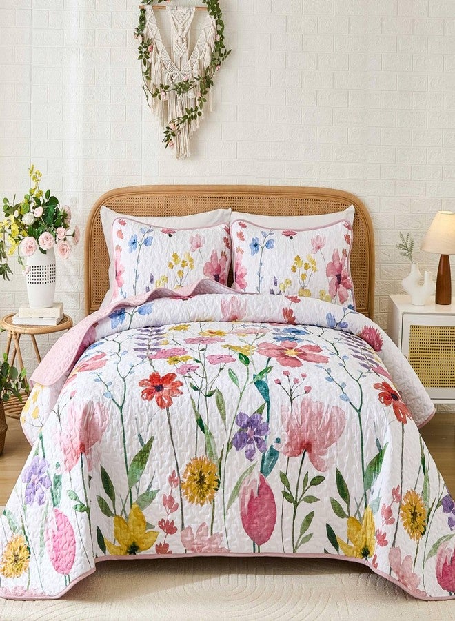 Anibedding Quilt Set Full Size, Reversible Pink Floral Bedspread Soft Microfiber Lightweight Quilt Bedding Sets Flower Coverlet for All Season(Full, 78"x90") - Image 1