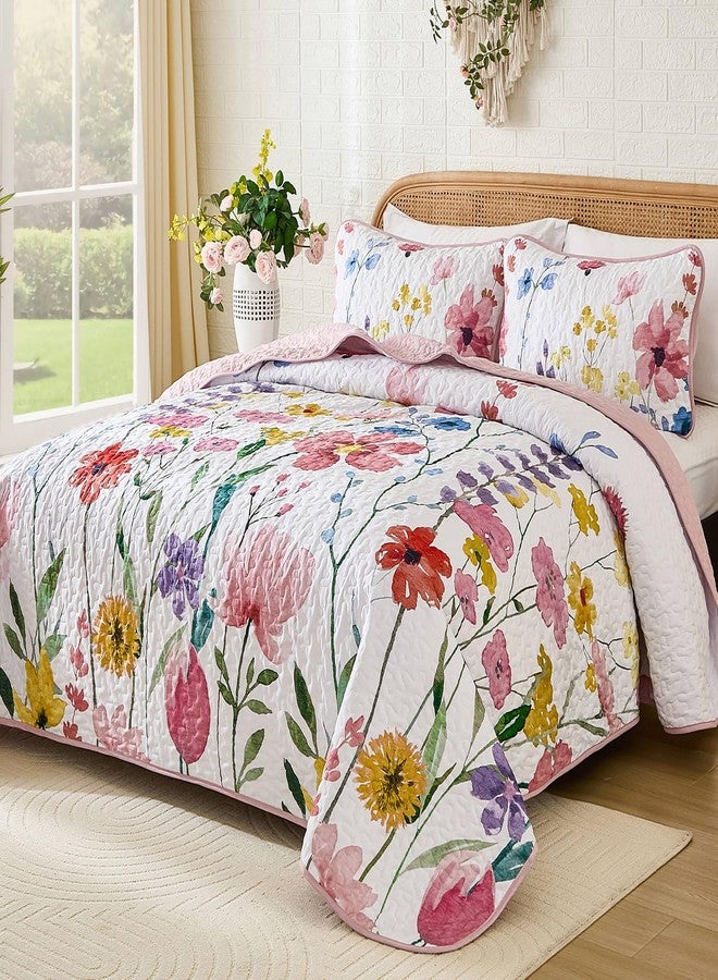 Anibedding Quilt Set Full Size, Reversible Pink Floral Bedspread Soft Microfiber Lightweight Quilt Bedding Sets Flower Coverlet for All Season(Full, 78"x90") - Image 2