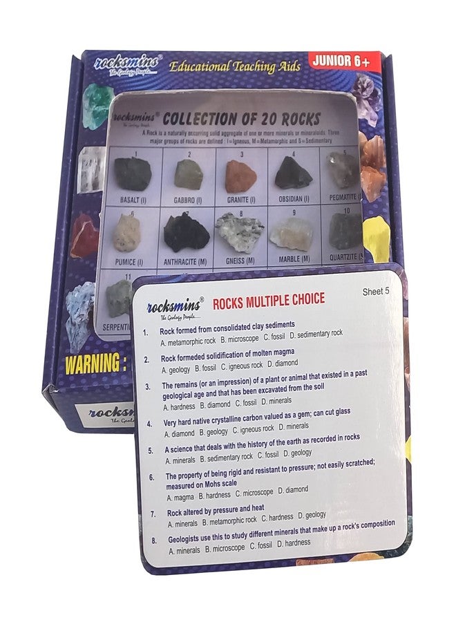 ROCKSMINS RO20WM Rocks Collection Set of 20 School Education Igneous Sedimentary Metamorphic Samples activity geology earth science volcanic stones Rock Memory Great Educational STEM Toys Kids with QA - Image 1