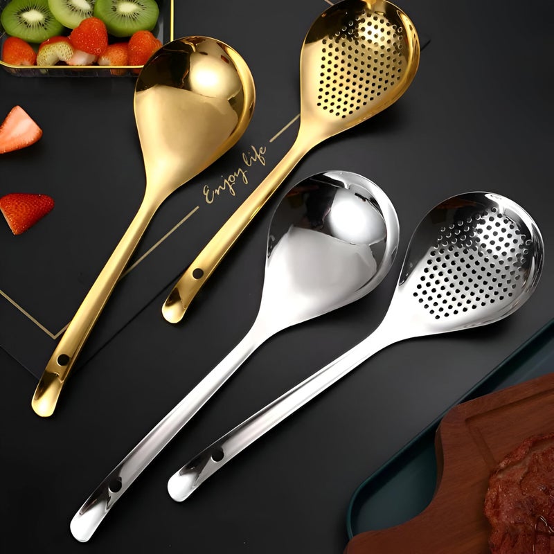 Classic Ladle - Durable Gold and Silver Stainless Steel Kitchen Skimmer Set Offering Precision Filtration for Broth, Fried Foods, and Stylish Table Presentation - Image 5