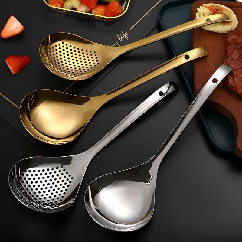 Classic Ladle - Durable Gold and Silver Stainless Steel Kitchen Skimmer Set Offering Precision Filtration for Broth, Fried Foods, and Stylish Table Presentation - Image 4