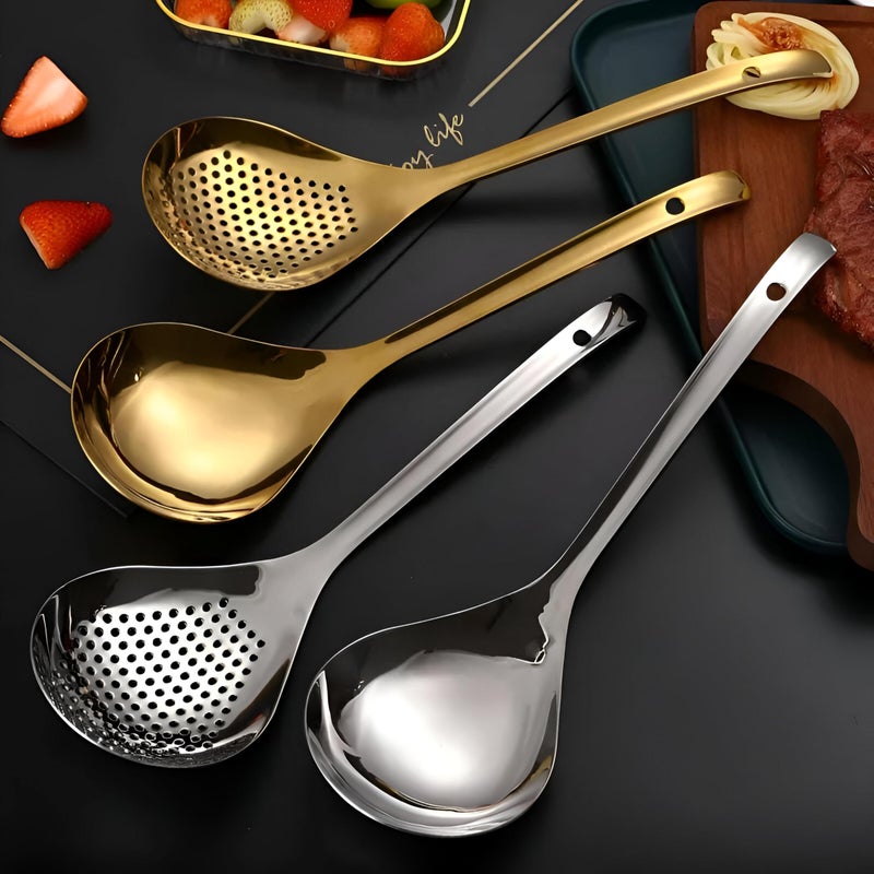Classic Ladle - Durable Gold and Silver Stainless Steel Kitchen Skimmer Set Offering Precision Filtration for Broth, Fried Foods, and Stylish Table Presentation - Image 1