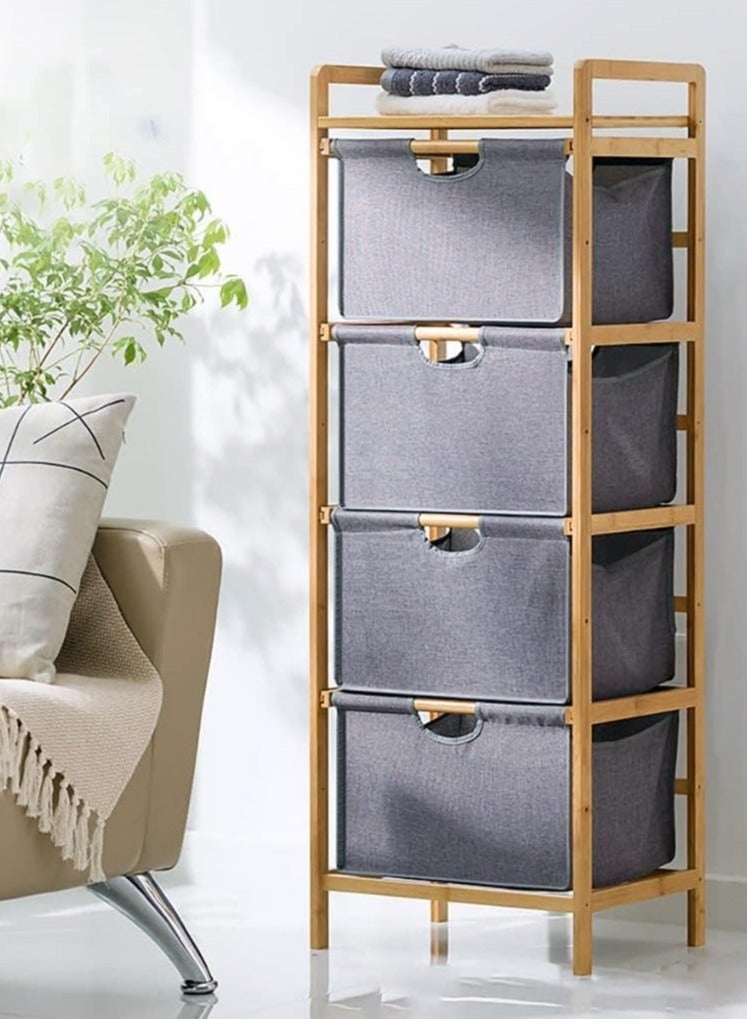 JOMILA 4 Tier Freestanding Storage Shelf Hamper with Pull Out Drawers for Towels Linens Sheets Clothes - Natural Bamboo Wooden Organizer Basket for Bedroom Bathroom Laundry  - Image 1