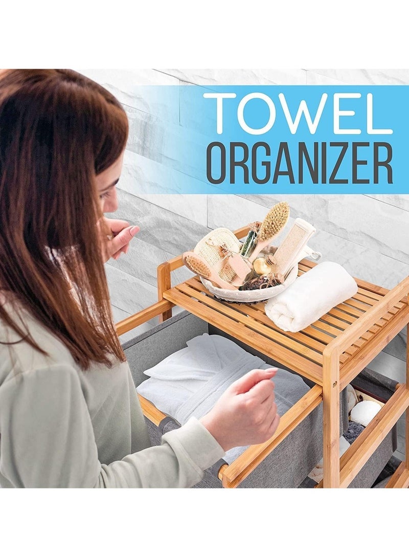 JOMILA 4 Tier Freestanding Storage Shelf Hamper with Pull Out Drawers for Towels Linens Sheets Clothes - Natural Bamboo Wooden Organizer Basket for Bedroom Bathroom Laundry  - Image 2